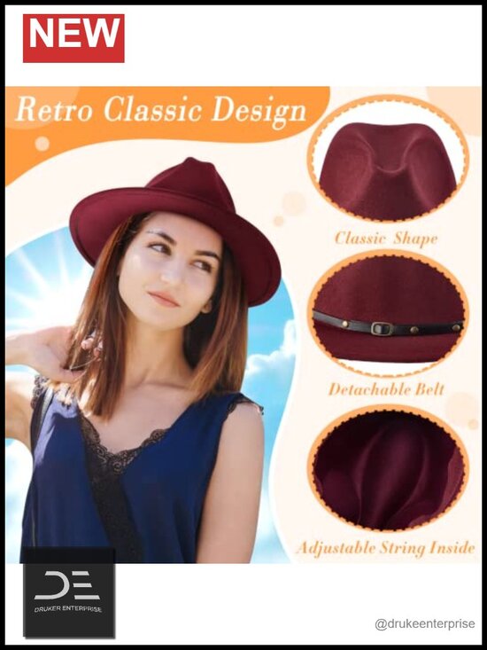 6 Pack Felt Wide Brim Fedora Hats with Belt Buckle Vintage Boho Panama Hat